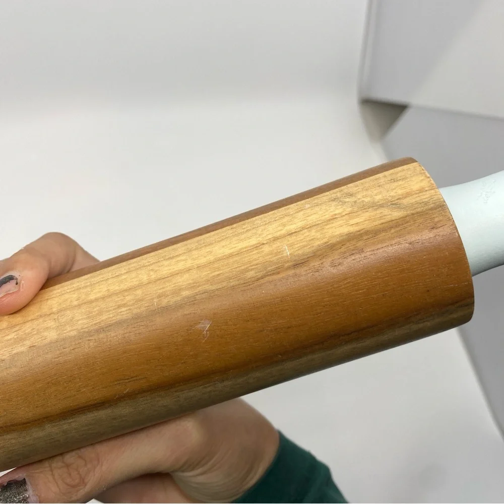 West Elm light blue brown wood baking rolling pin